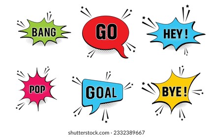 Set of speech bubbles. Set comics book balloon. Bubble speech phrase. Halftone shadows. Cartoon exclusive font label tag expression. Comic text sound effects. Cartoon balloon word design.