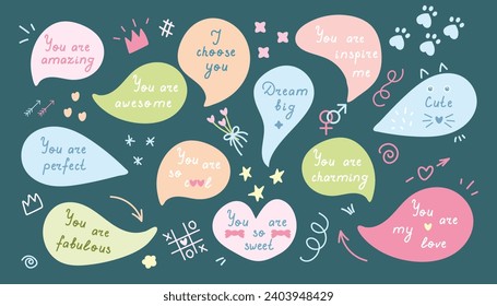 Set of speech bubbles with compliment hand written doodle phrases, self love quotes.  Vector illustration