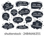 Set of speech bubbles with compliment phrases, love quotes. Vector illustration.