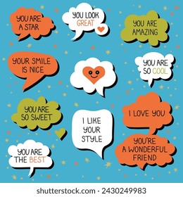 Set of speech bubbles with compliment phrases,  vector illustration. Cartoon speech bubbles, icons, stickers