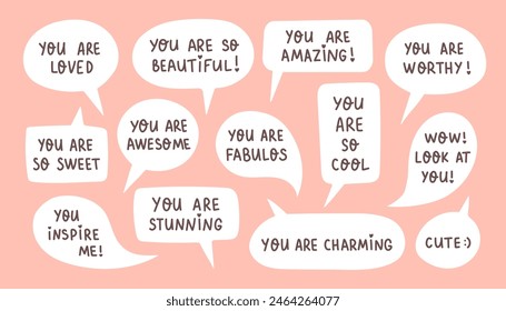 Set of speech bubbles with compliment phrases, self love quotes