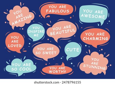 Set of speech bubbles with compliment phrases, love quotes. Vector illustration.