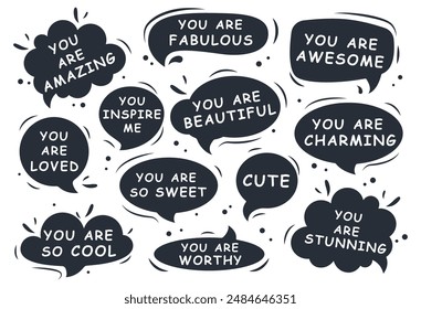 Set of speech bubbles with compliment phrases, love quotes. Vector illustration.