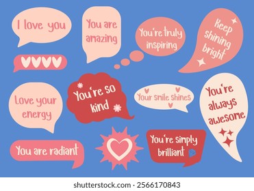 set of speech bubbles with compliment phrases, perfect for website banners, sales promotions, Valentine's cards, covers, flyers, or posters