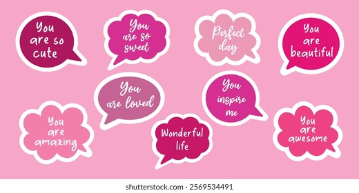 Set of speech bubbles with compliment phrases, love quotes. Happy Valentine's Day. Vector sticker collection with quotes about loving yourself and others.