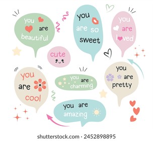 A set of speech bubbles with complimentary phrases, quotes from self-love