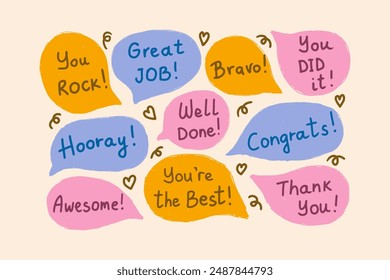 Set of speech bubbles with compliments, congratulations, positive affirmations. Praise for good job or other achievement.