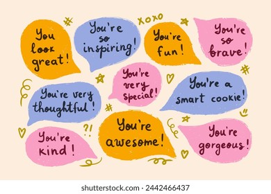 Set of speech bubbles with compliments, positive self-talk. Encouraging cute affirmations. Hand written vector compliments.