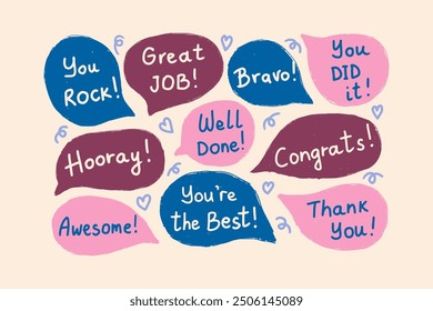 Set of speech bubbles with compliments, positive self-talk. Encouraging cute affirmations. Hand written vector compliments.