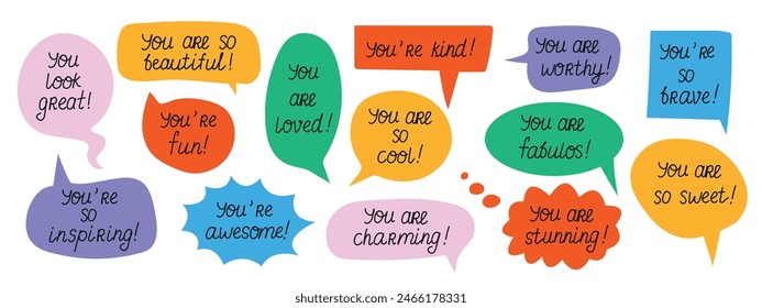 Set of speech bubbles with compliments, self love quotes. Encouraging cute affirmations. Hand written vector compliments.