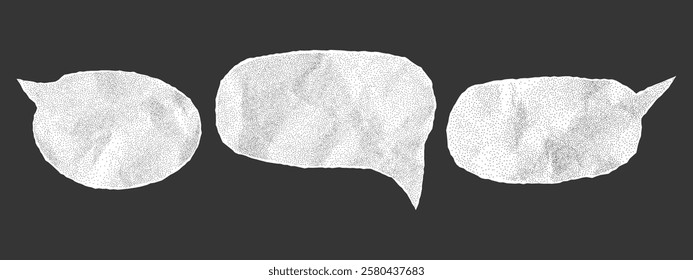 Set of speech bubbles crafted from crumpled paper, isolated template for banners. Dialogue balloons with a dotted gritty texture, halftone effect and torn jagged notebook sheet edges.