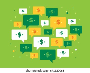 Set of speech bubbles and currency symbol on green background in vector illustration. Concept of investing, success, business, communication, rate, treasury and bank.