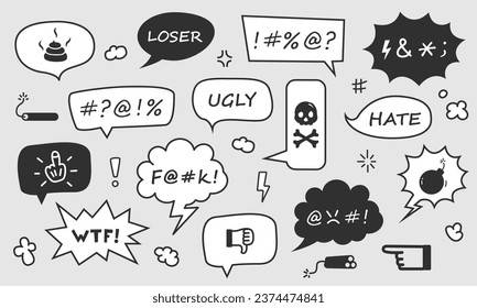 Set of speech bubbles of curses, insults with text and emoji on a gray background. Flat vector illustration.