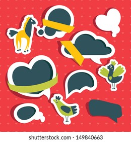 set of speech bubbles with cute birds and horse