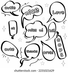 Ponga burbujas de habla de corbata, lindo, amor, ok, te echo de menos, uops, lindo, gracias, Dios mío, hola. globo, mensaje, texto, diálogo. Icono de ilustración de diseño de vector