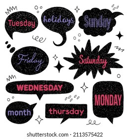 Set of speech bubbles with days of week. Collection of vector stickers in shape of speech clouds with week days on white background