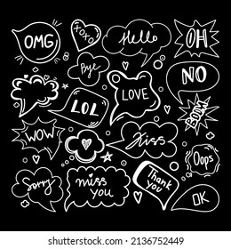 A set of speech bubbles with dialog words, hand-drawn doodle-style elements. Hello, Love, Sorry, Love, Kiss, No, Bye. Vector illustration. 