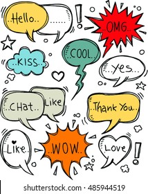 set of speech bubbles with dialog words: Hello, Love, chat, like, thank you, cool.