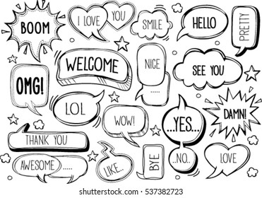 set of speech bubbles with dialog words: Awesome,  Hello, Love, pretty, like, thank you, welcome