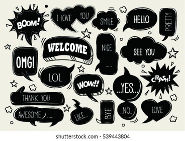 set of speech bubbles with dialog words: Awesome, Hello, Love, pretty, like, thank you, welcome