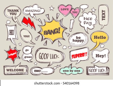 set speech bubbles and dialog words: awesome  hello love  pretty  like  thank you  welcome  nice amazing  good luck