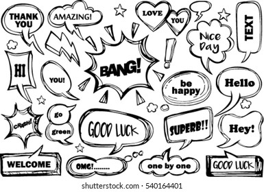 set of speech bubbles with dialog words: awesome, hello,love, pretty, like, thank you, welcome, nice,amazing, good luck