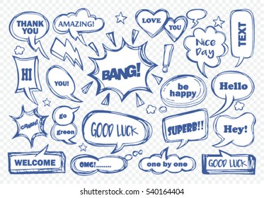 set of speech bubbles with dialog words: awesome, hello,love, pretty, like, thank you, welcome, nice,amazing, good luck