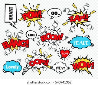 set of speech bubbles with dialog words: boom, bang, ops,wow,dream, smart, go, peace, like