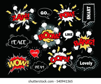 set of speech bubbles with dialog words: boom, bang, ops,wow,dream, smart, go, peace, like