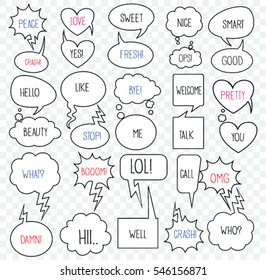 set of speech bubbles with dialog words:  welcome,good luck, hello, be happy,cloud, speech, welcome, sweet, you, yes, hii, call, omg, what,
boom,damn,stop,peace, talk, like ,nice