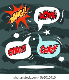 set of speech bubbles with dialog words: crazy,  Love,  bang, omg