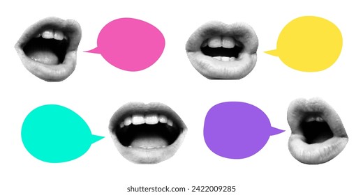 Set of speech bubbles of different bright colors, halftone collage banner with mouths and lips. Paper cut elements, retro pop art style.