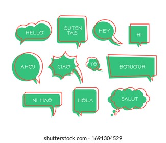 Set of Speech Bubbles. Different languages. Various greetings. Graphic Vector illustration. Cartoon Comic style. Simple, minimal design. All elements are isolated on white. Logo template