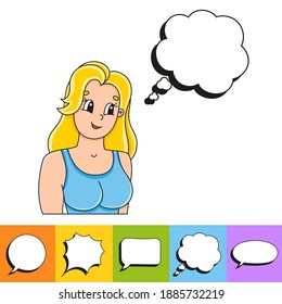 Set of speech bubbles of different shapes. With a cute cartoon character. Hand drawn. Thinking balloons. Vector illustration isolated on white background. Comic doodle style.