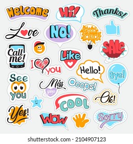 Set of speech bubbles with different words for communication in social media. Isolated vector illustration.