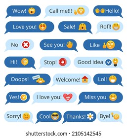 Set of speech bubbles with different words and smileys for communication in social media. Isolated vector illustration.