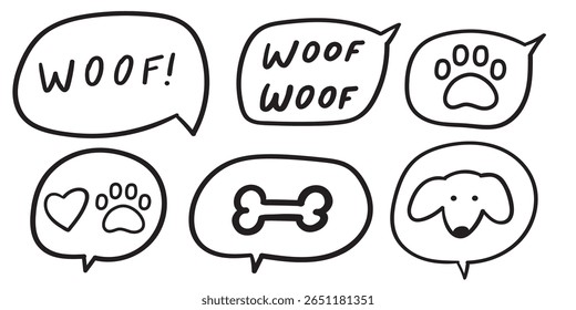 Set of speech bubbles. Dog paw, Woof, Dog face, Bone. Vector illustration. Hand drawn isolated icons. Simple illustrations on white background.