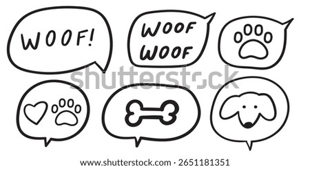 Set of speech bubbles. Dog paw, Woof, Dog face, Bone. Vector illustration. Hand drawn isolated icons. Simple illustrations on white background.