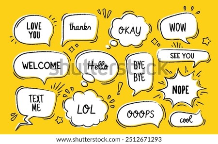 Set of speech bubbles. Doodle stickers and clouds with various inscriptions and text. Frames for quotes and messages. Design for social networks. Hand drawn vector illustration isolated on background
