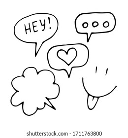 Set of speech bubbles in Doodle style. Black and white vector illustration. The decor elements are hand-drawn and isolated on white