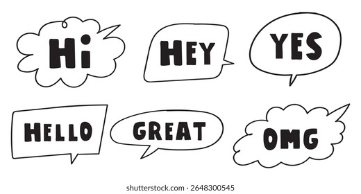 Conjunto de bolhas de fala. Rabiscos, esboços. Contornar ícones. Oi, Oi, Olá, Sim, Ótimo, OMG, Adesivo, banner, Design de camiseta. Ilustrações desenhadas à mão sobre fundo branco.