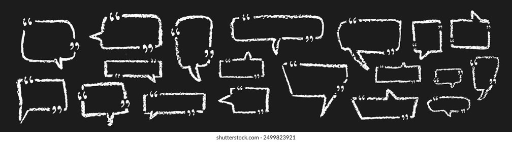 Set of speech bubbles drawn by crayon pencil with quote mark. Collection of hand drawn chalk elements. Charcoal white text box collection for quote. Vector pastel clouds for speak in doodle stile