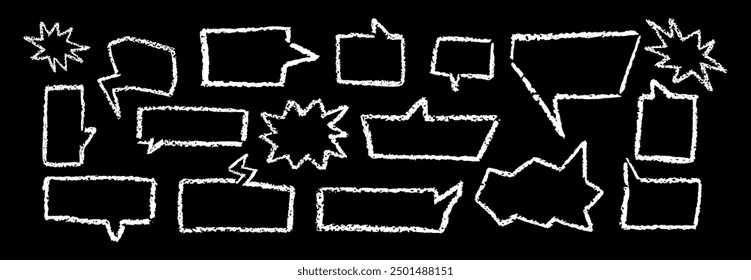 Set of speech bubbles drawn by crayon pencil with quote mark. Collection of hand drawn chalk elements. Charcoal white text box collection for quote. Vector pastel clouds for speak in doodle stile