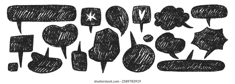 Set of speech bubbles drawn with chalk and crayon. Text boxes for conversation or dialog in sketch style. Vector illustration.