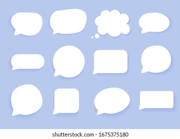 Set of speech bubbles. Empty blank of different shapes for text and chat messages. Stock vector illustration. The cute white shapes with blue background. Blank white shapes for write your story.