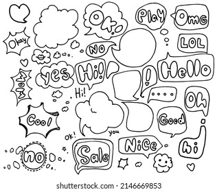 a set of speech bubbles empty and with the words ok, hello, sale, nice, oh, cool. collection of hand-drawn isolated text messages in speech bubbles of different shapes in the style of a comic book
