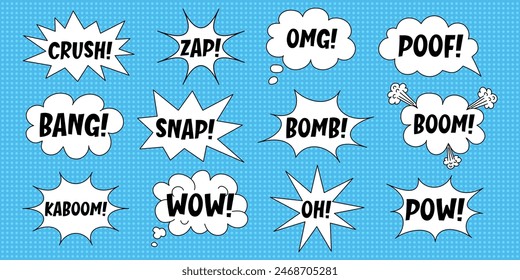 Un conjunto de burbujas de habla con inscripciones expresivas, nubes y explosiones en un estilo cómico sobre un fondo azul brillante. Anuncio retro en estilo pop art con fondo de semitono, elemento doodle.