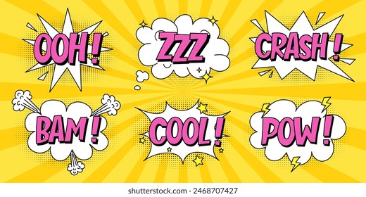 A set of speech bubbles with expressive pink lettering, clouds and explosions in a comic book style on a bright yellow background. Retro banner in pop art style with halftone shadows, doodle elements