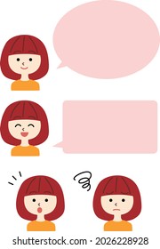A set of speech bubbles and facial expressions of a young woman