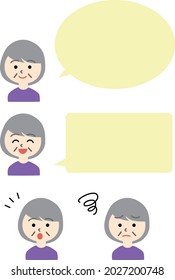 A set of speech bubbles and facial expressions of a elderly
 woman
